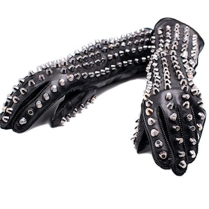 Altezzoso Gladiatore Long Opera Studded Black Leather Gloves for Women, Eco Friendly Natural Modal Fleece Lined Warm Gloves