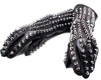 Altezzoso Gladiatore Long Opera Studded Black Leather Gloves for Women, Eco Friendly Natural Modal Fleece Lined Warm Gloves
