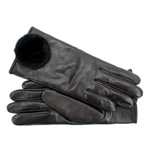 Altezzoso Pompon Women&#39;s Real Genuine Leather Gloves with Rabbit Fur for Women, Wool Fleece Lined Warm Fashion Gloves