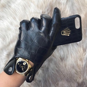 Altezzoso Mostro Black Crocodile Embossed Leather Driving Gloves for Men image 1