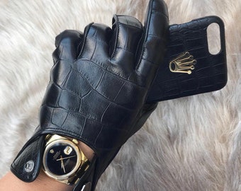 Altezzoso Mostro Black Crocodile Embossed Leather Driving Gloves for Men