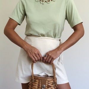 Vintage 90s pastel green tee detailed cut out collar ladies cotton pale sage green t shirt summer top image 4