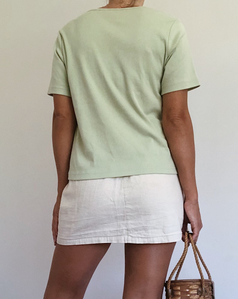 Vintage 90s pastel green tee detailed cut out collar ladies cotton pale sage green t shirt summer top image 3