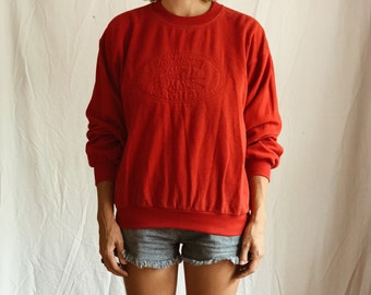 Vintage 80s Lacoste sweatshirt - unisex ladies mens oversized slouchy cotton jumper sweater - red logo - retro sportswear pullover