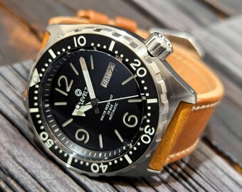 LV1-ARFBK-1BK2PW "Schwarzes Zifferblatt, Double Dome Crystal, 20ATM Wasserdichtigkeit, handgefertigtes Lederarmband"NH36 Automatik Japan Uhr LEVEL7"