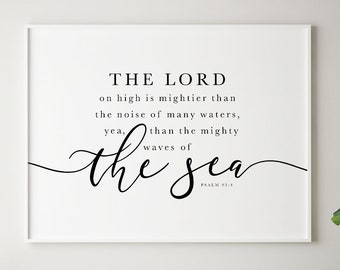 Bible Verse Wall Art Psalm 93:4 Mightier Than The Waves Of The Sea, Scripture Print, Horizontal Christian KJV Printable Art