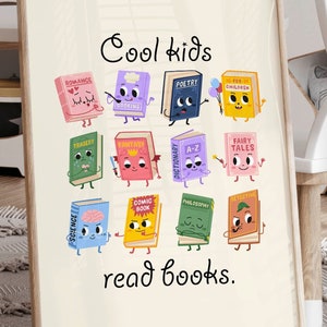 Cartel de libro para niños, biblioteca, letrero para niños, personaje, sala de juegos, rincón de lectura, imprimible, lectura, linda decoración