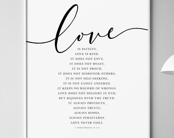 1 Corinthians 13 Bible Verse Wall Art, Religious Anniversary or Wedding Gift, Love is Patient, Scripture Print for Christian Decor.