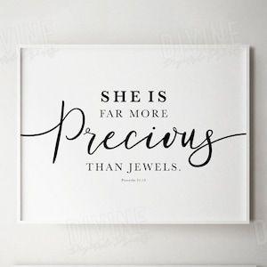 Proverbs 31 10 ESV Bible Verse Wall Art, She is far more Precious than Jewels Quote, Teenager Teen Bedroom Print, Horizontal Artwork