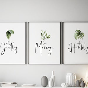 Micah 6 8 Bible verse wall art, Large Scripture decor, botanical leaf set of 3 prints, Just Humble Love Mercy Quote,