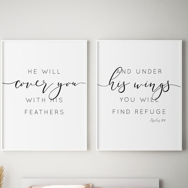 Bible Verse Art Psalm 91, Set of 2 Prints, Above Couch Artwork, Christian Decor, Feather, Wings Print