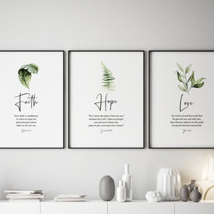 Faith Hope Love Print Set of 3, Jeremiah John Bible Verse Wall Art, Green Christian Decor, Foliage Botanical Leaf Watercolor,