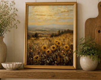 Sunflower Field Painting: Vintage Cottagecore Art Print (Digital Download)
