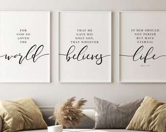 John 3:16 Christian Wall Art, For God So Loved The World, Set of 3 Printable Bible Verse Quotes For Your Christian Home Decor