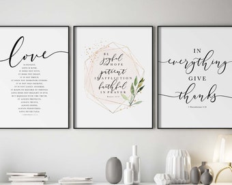 Scripture Wall Art Gallery Set of 3 Prints, Be Joyful In Hope, Love Is Kind, In Everything Give Thanks, Printable Bible Verse Wall Art