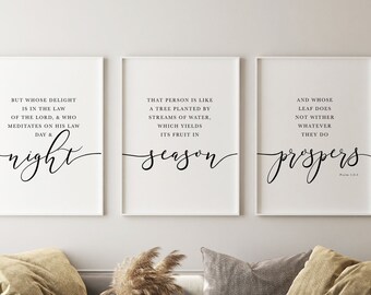 3er Set Drucke, Bibelvers Wandkunst von Psalm 1:2-3 NIV, Schriftkunst, christlicher Druck, Überbett Dekor