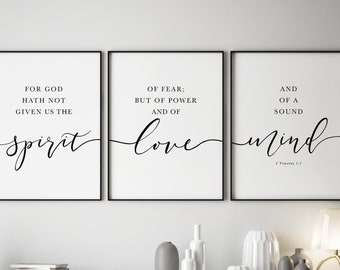 2 Timothy 1:7 Bible Verse Wall Art, Sound Mind Spirit Scripture, Set of 3 Prints, Christian Decor, KJV Printable