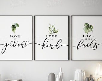 Love is Patient Love is Kind wall art, 1 Corinthians 13, Above Bed Boho Decor, Christian Bible Verse Printable