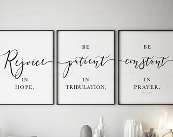 Romains 12:12 ESV Bible Verse Wall Art, Scripture Wall Art for Christian Decor, Printable Art, Triptych Prints, Réjouissez-vous dans l’espérance