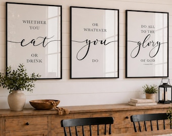 Dining room wall art bible verse kitchen poster whether you eat or drink farmhouse wall decor christian table art
