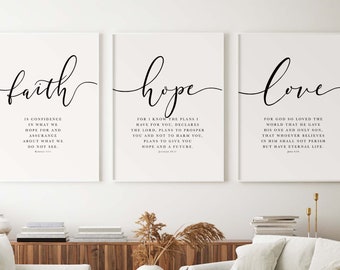 Faith Hope Love Bible Verse Wall Art Set of 3 Prints, Scripture Quote Hebrews 11, Jeremiah 29, John 3 16, Living Room Christian Decor