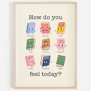 Cuadro de emociones y sentimientos, carteles de decoración educativa para el aula, arte de pared de aprendizaje retro, rincón de libros para niños imprimible