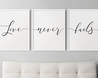 Love Never Fails Set of 3 Prints in Farmhouse Script Font Style, Christian Bedroom Decor, Scripture 1 Corinthians 13:8