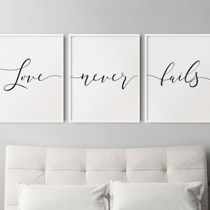 Love Never Fails Set of 3 Prints in Farmhouse Script Font Style, Christian Bedroom Decor, Scripture 1 Corinthians 13:8