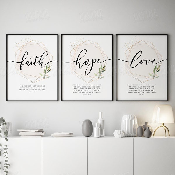 Faith Hope Love Wall Art, Décor chrétien de salon rose, Impression de versets bibliques, Œuvres d’art imprimables, Style de ferme