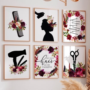 Hair Salon Decor, Glam Beauty Salon Prints, Hairdresser Reception Wall Art, Cosmetology Poster Boho Floral Gallery Set