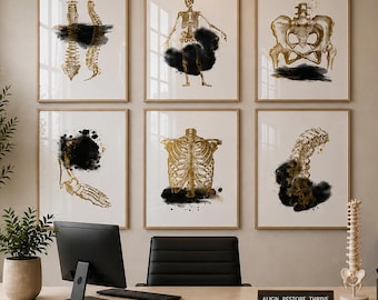 Chiropractic wall art, Physiology physical therapy anatomy poster set, black gold Orthopedic medical prints