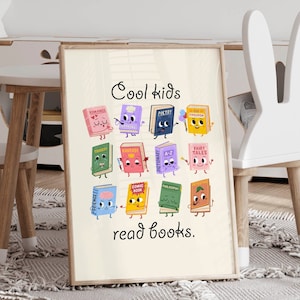 Carteles de lectura, decoración de aulas, sala de juegos, arte de pared, estética retro, libro, personaje, arte, póster de aprendizaje, letrero de biblioteca escolar, libro para niños, impresión