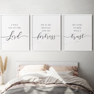 Psalm 91 KJV Bible Verse Wall Art, Scripture Print Set of 3, Christian Home Decor, He is my Refuge Quote