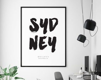 Sydney Print - City Coordinates Poster - Travel Gift - Australia Decor - Office Wall Art - Brush Font