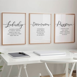 Inspirational Office Decor Print Set of 3, Leadership Definition, Determination Persistence Quote, Printable Wall Art, Boss Lady Home Office