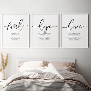 Faith Hope Love, Bible Verse Wall Art, Set of 3 Prints, ESV Scripture Quote Hebrews 11, Jeremiah 29, John 3 16, Living Room Christian Decor