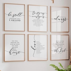 Art mural chrétien, citations de versets de la Bible, produits populaires à imprimer NIV, mur de la galerie des Écritures, lot de 6 impressions noir et blanc, décoration de ferme