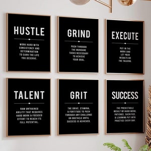 Inspirational Home Office Decor, Motivational Quote Wall Art Bundle, Success Hustle Grit Definition Printable Posters, Mentor Gift