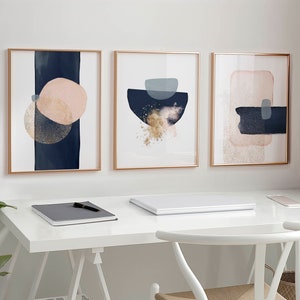 Abstract Office Wall Art Navy blue watercolour modern office decor for women work from home geometric printable set of 3