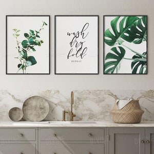 Laundry wall art utility room farmhouse new home decor set of 3 prints wash dry fold washroom decor monstera eucalyptus botanical printables