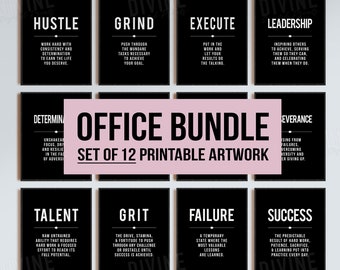 Minimalist Office Wall Art, Hustle Success Talent Quote, Motivational Printable, Large Black Poster, Inspirational Set of 12 Prints