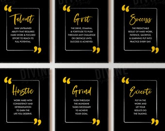 Yellow Black Office Wall Art, Motivational Hustle Grind Talent Quote, Inspirational Print Set of 6, Large Gallery Set