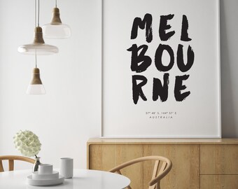 Melbourne Print - City Coordinates Poster - Travel Gift - Australia Decor - Office Wall Art - Brush Font - Victoria