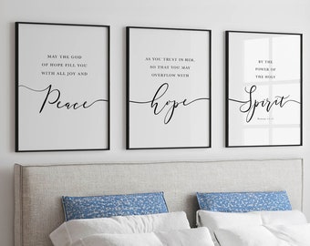 Romans 15:13 NIV Bible Verse Wall Art, Scripture Quote Print, Set Of 3 Above Bed Art, Christian Decor, Peace Quote,