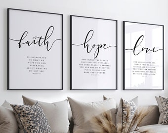 Faith Hope Love Bible Verse Wall Art Set of 3 Prints, Scripture Quote Hebrews 11, Jeremiah 29, John 3 16, Living Room Christian Decor