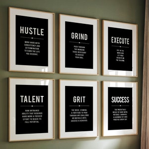 Inspirational Home Office Decor, Motivational Quote Wall Art Bundle, Success Hustle Grit Definition Printable Posters, Mentor Gift