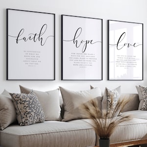 Faith Hope Love Bible Verse Wall Art Set of 3 Prints, Scripture Quote Hebrews 11, Jeremiah 29, John 3 16, Living Room Christian Decor