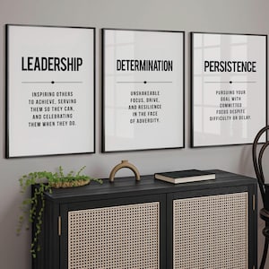 Leadership Office Wall Art, Set of 3 Prints, Inspirational Office Decor, Determination Persistence Quote, Monochrome Printable Wall Art