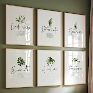 Green office decor motivational wall art leadership affirmations monstera deliciosa definition success printable boho home office