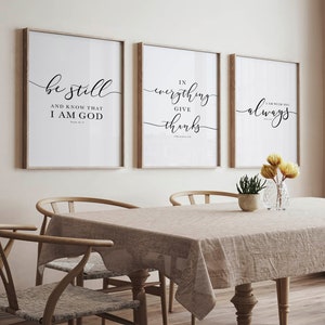 Bible Verse Wall Art Gallery Set of 3 Prints, Be Still, In Everything Give Thanks, I Am With You Always, Scripture Art For Christian Decor